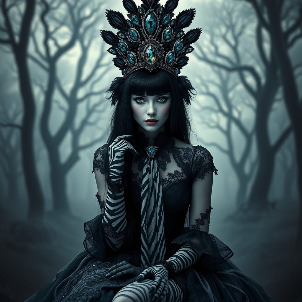 Regal Gothic Goddess with Zebra-Striped Majesty