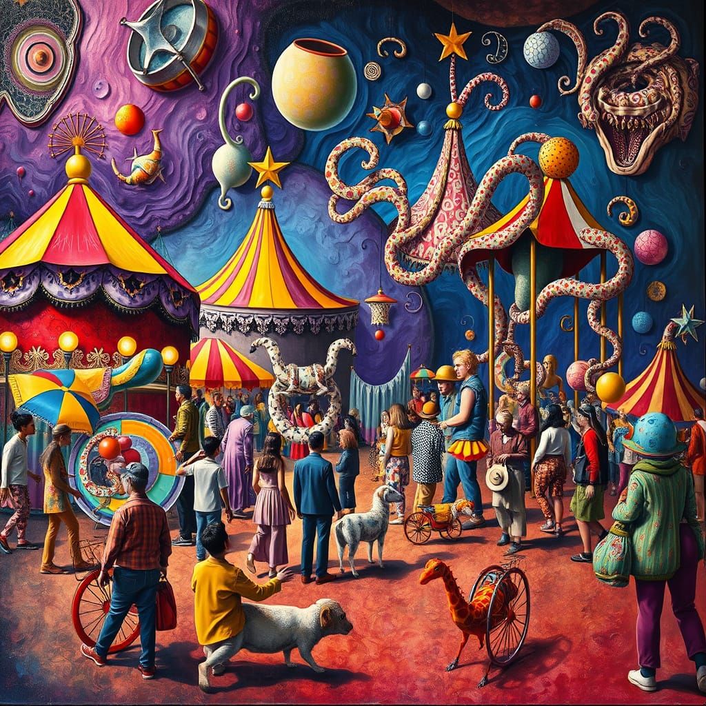 Surreal Carnival Scene with Abstract Fluid Forms
