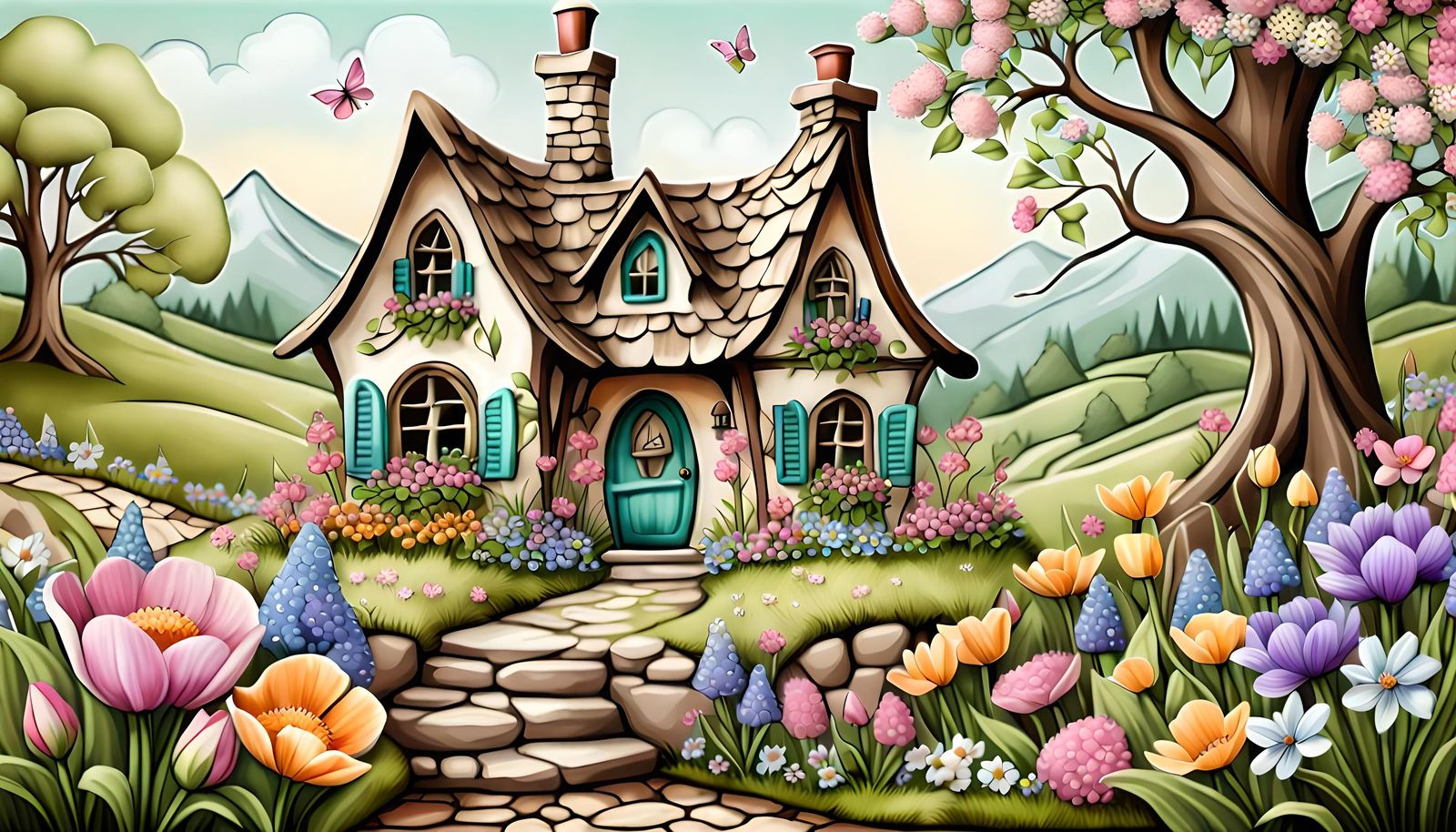 Charming Fairy Cottage in Spring Storybook Art