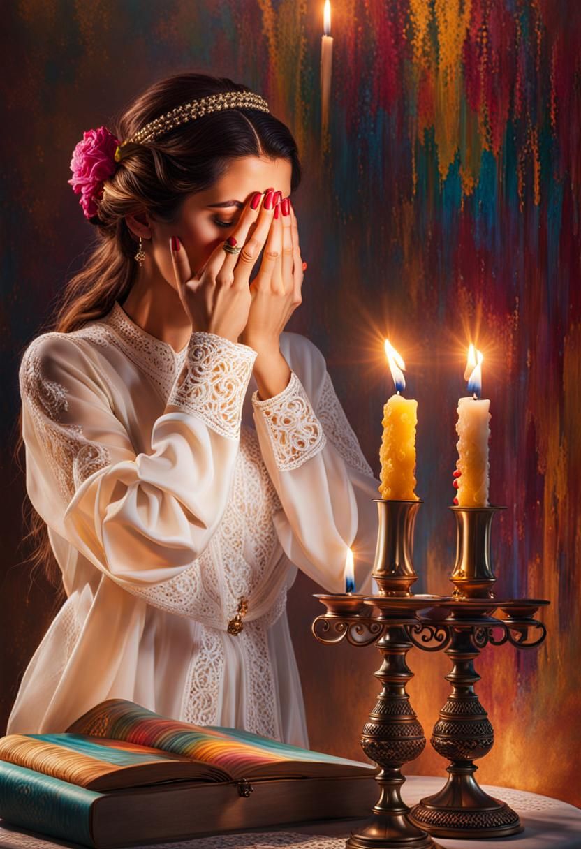 Woman covering her face while lighting candles for shabbat Hyperrealistic, splash art, concept art, mid shot, intricatel...