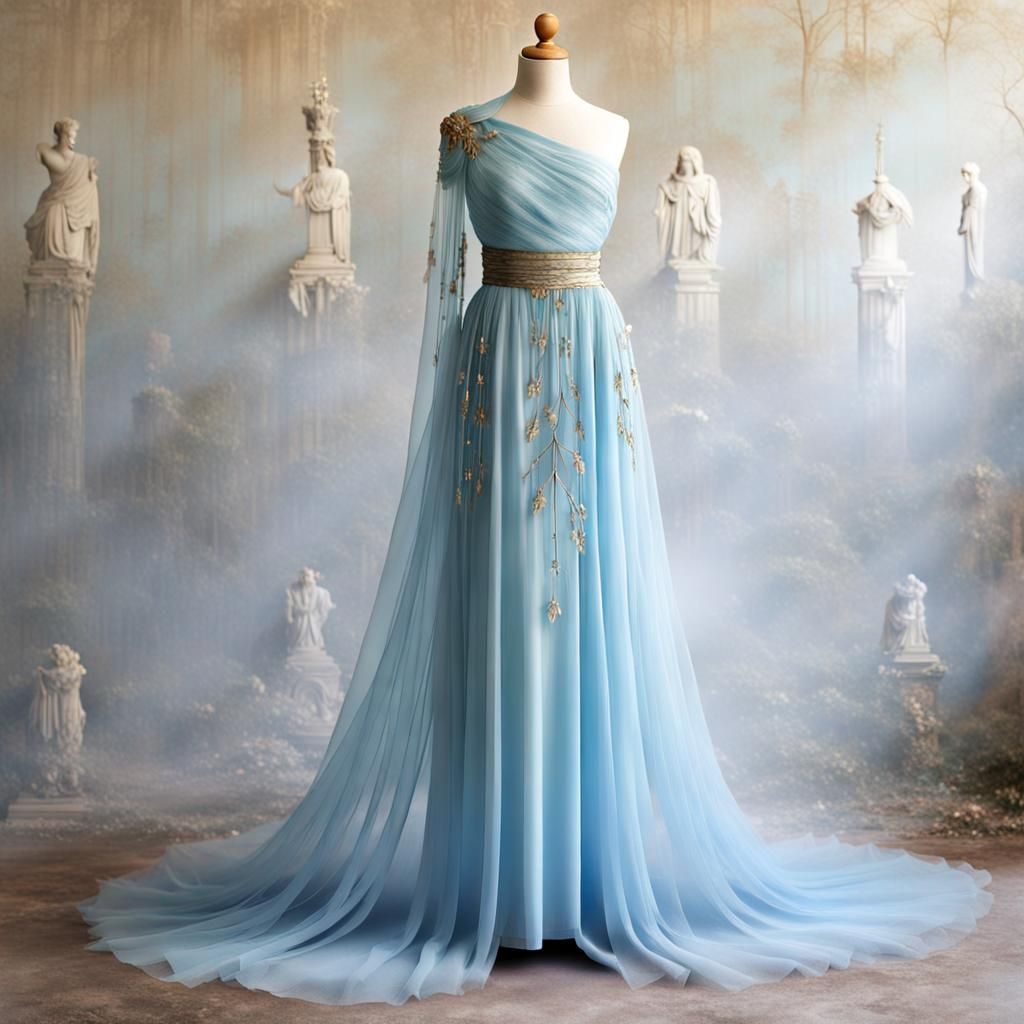 Pale Blue Greek Princess Dress on Dress Form