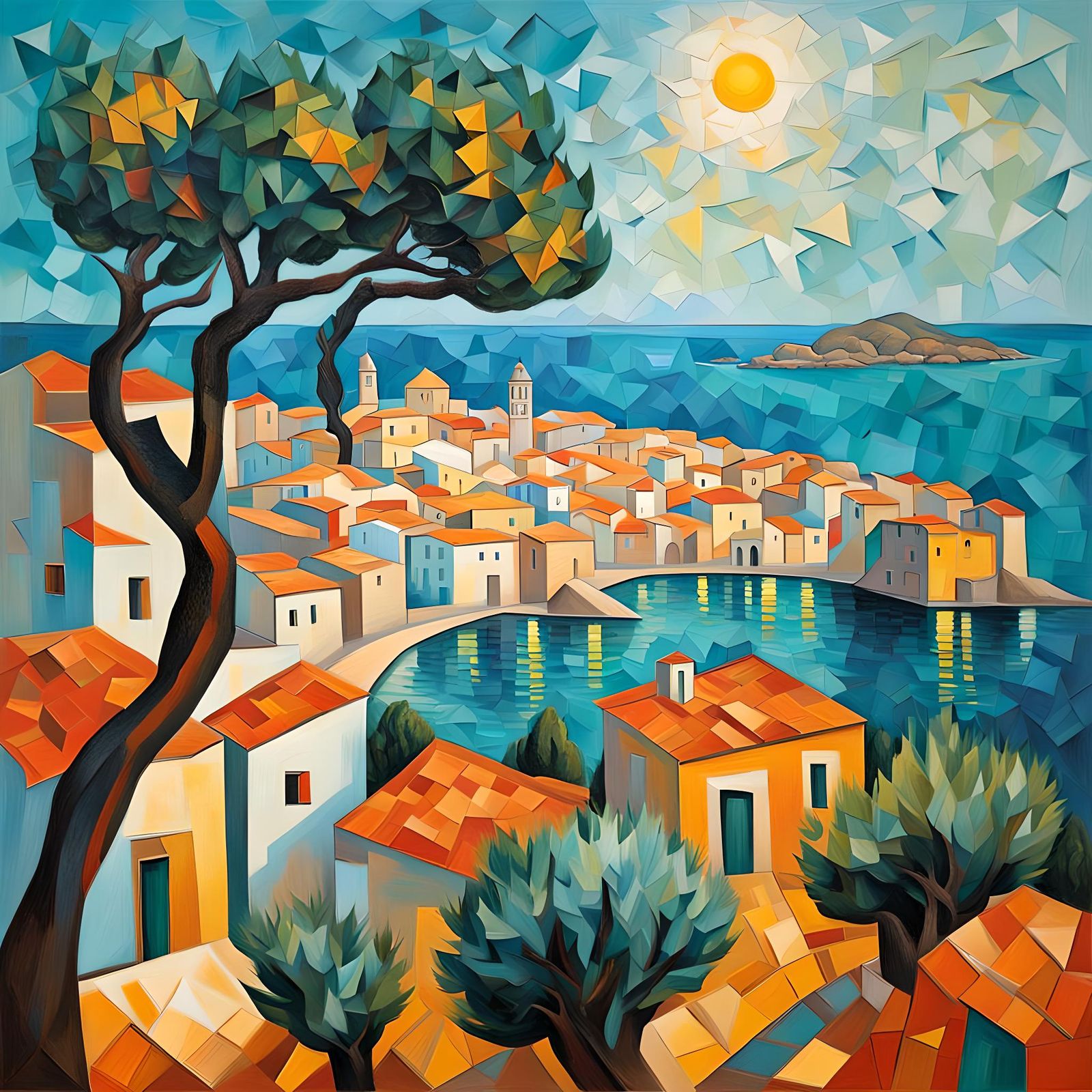 Mediterranean Village in Cubist Oil Painting Style