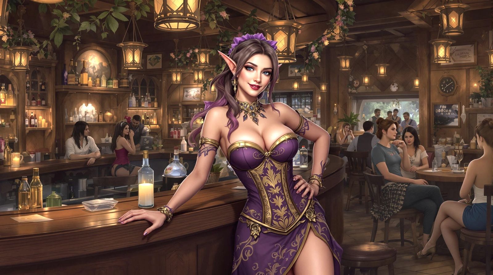 Elegant Tavern Elf Barmaid in Purple and Gold Corset