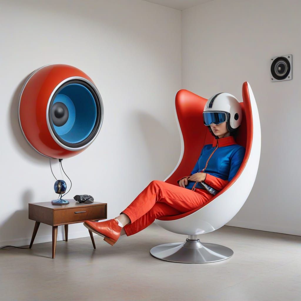 Person Reclining in Retro-Futuristic Egg Chair with Silver H...