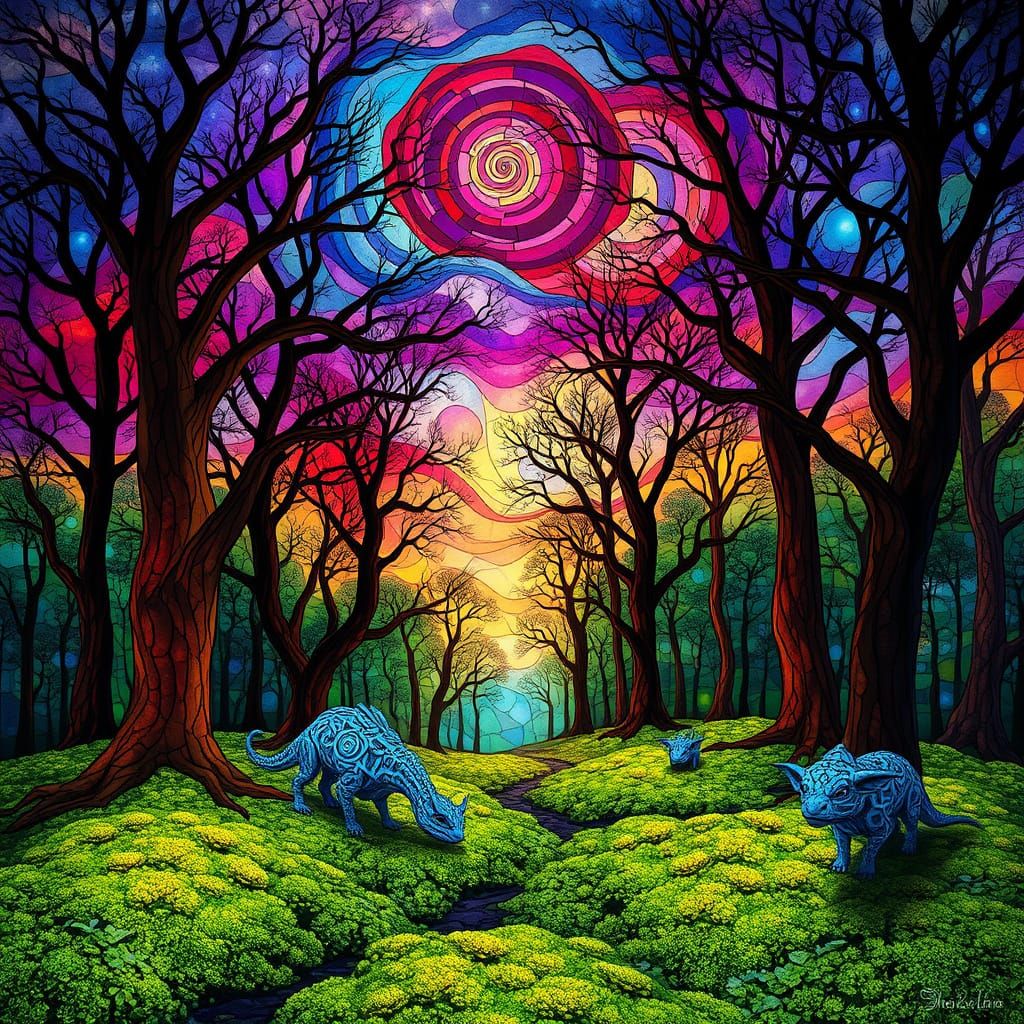 Stained Glass Forest Glade with Nebula Sky