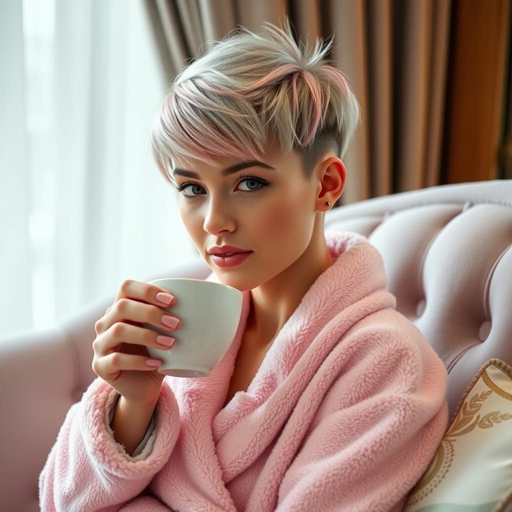 Woman in Pink Robe Sips Tea with Pixie Cut