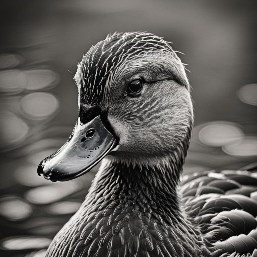 Monochrome Duck Portrait in Macro Photography Style