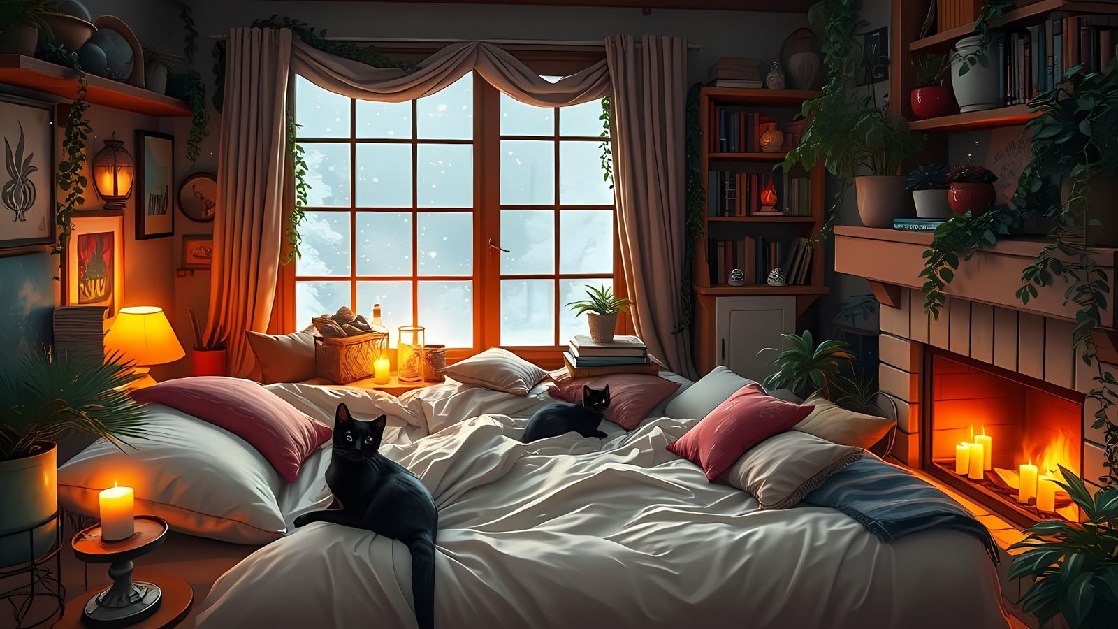 Ghibli-Inspired Boho Bedroom Scene with Snowy Winter Wonderl...