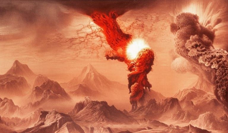 Surreal Dragon Eruption Landscape in Oil on Canvas