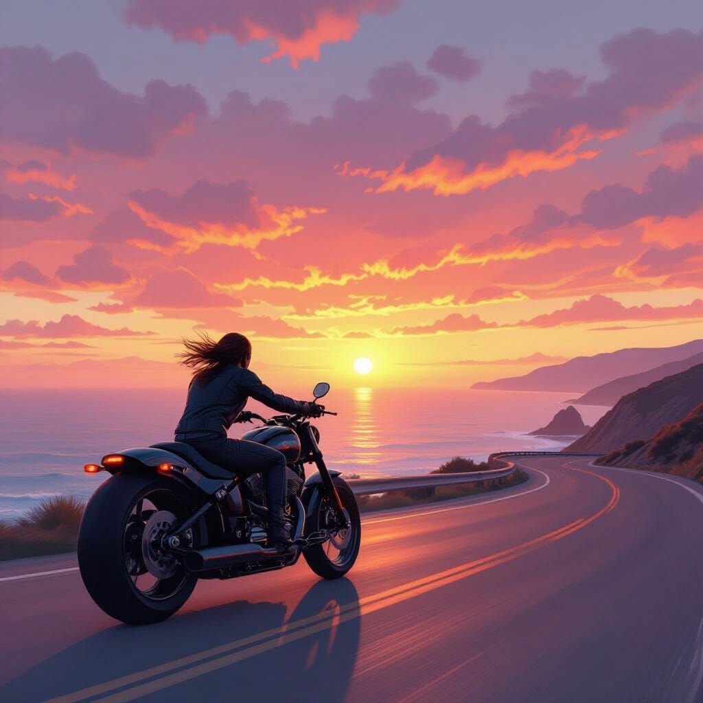 Motorcycle Rider's Freedom on Coastal Highway at Sunset