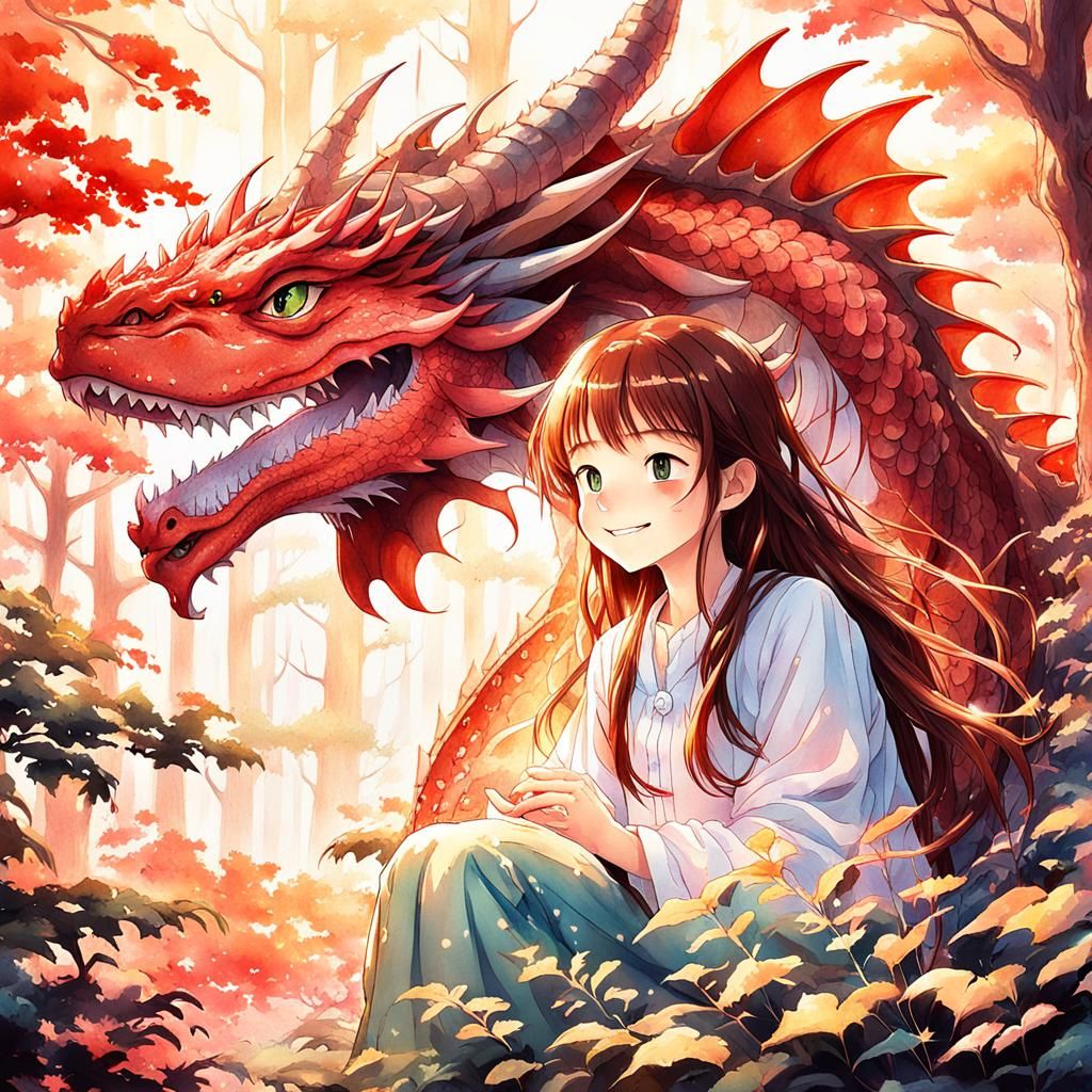 Anime Girl and Dragon in Magical Realism Style