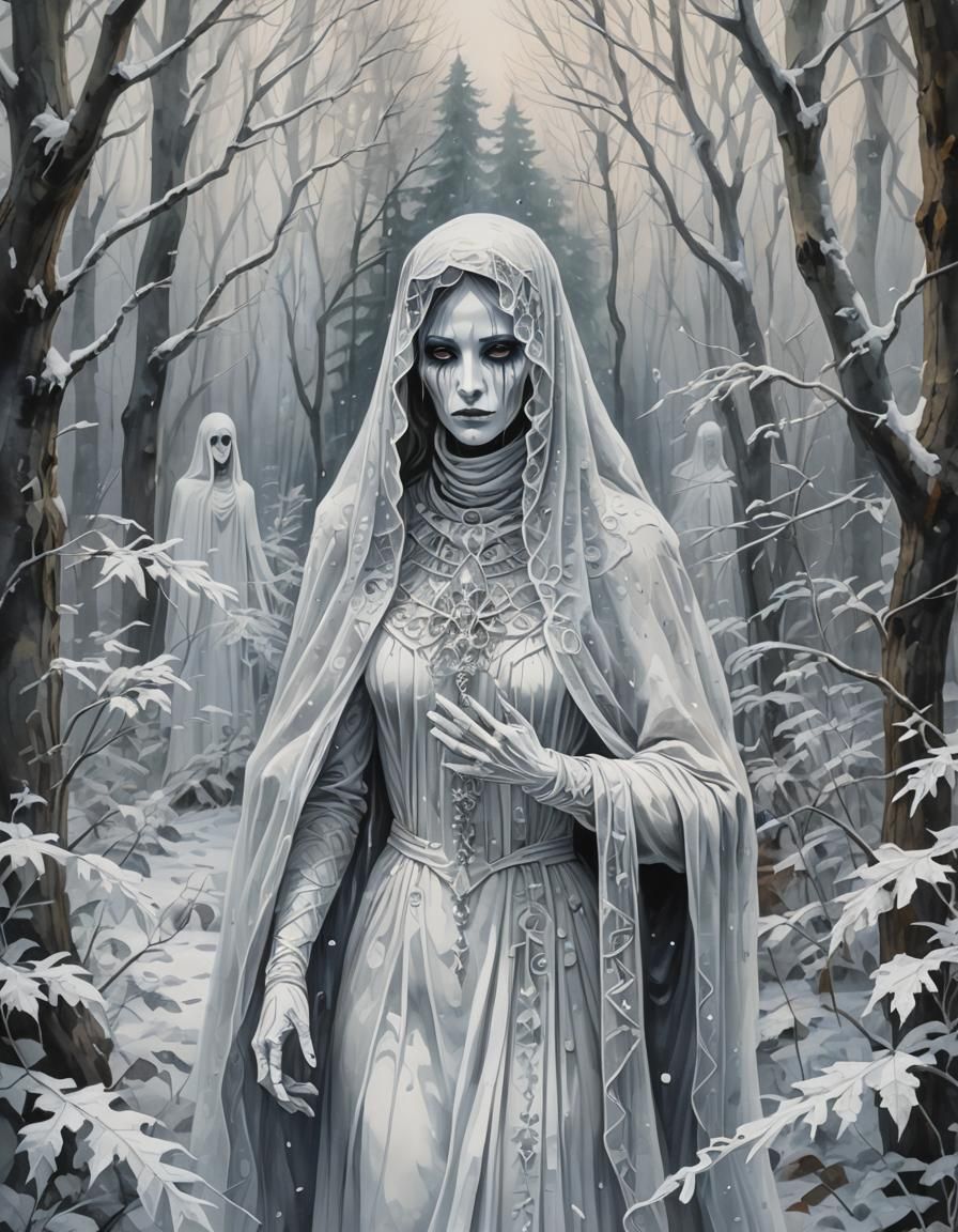Gothic Phantom in Winter Forest, Gouache Style