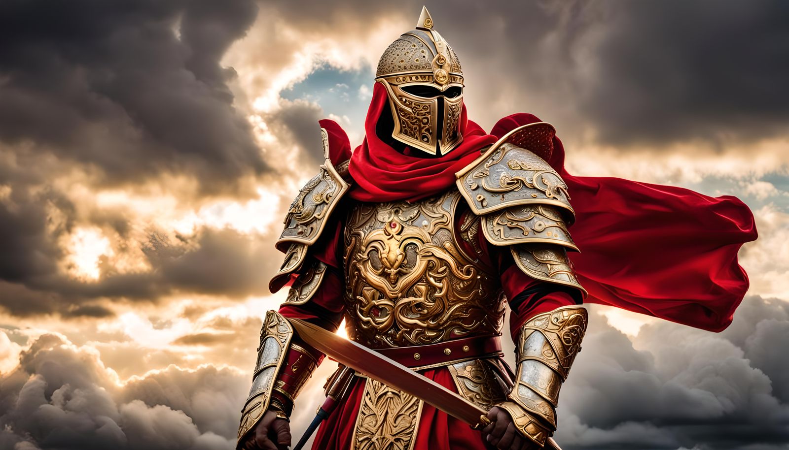 Guardian of Light in Enamel Armor with Golden Sword