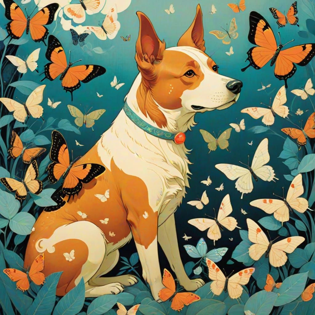 Dog and Butterfly in Psychedelic Illustration Style