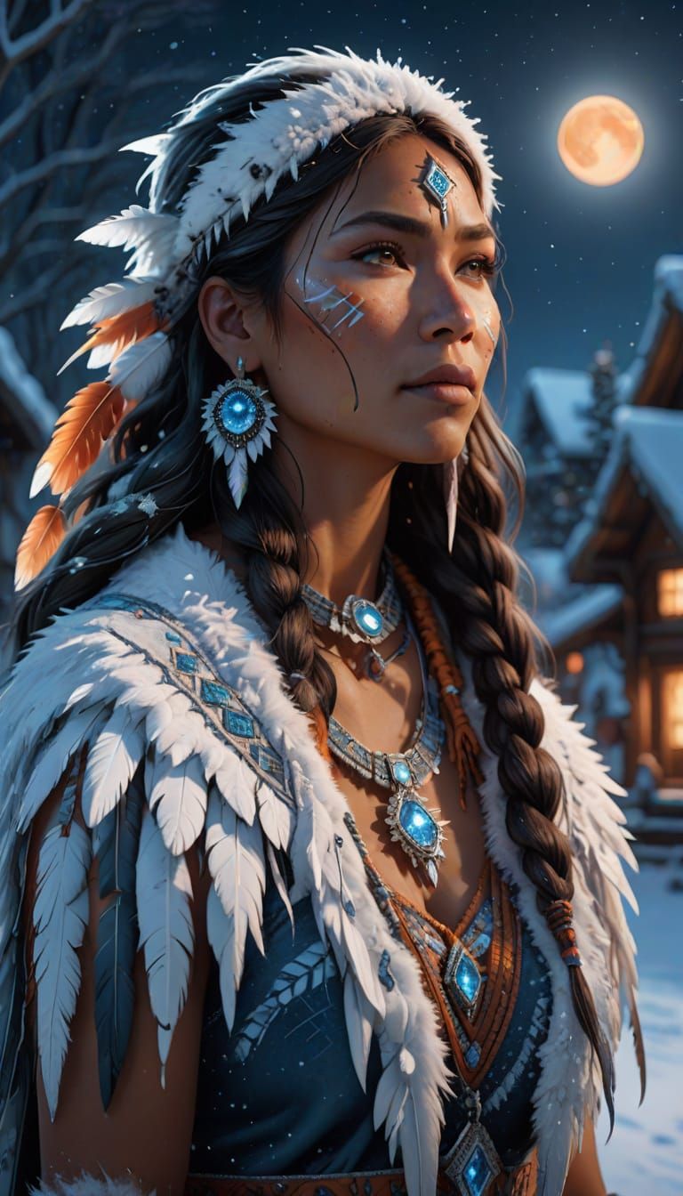 Native American Woman in Winter, Matte Painting