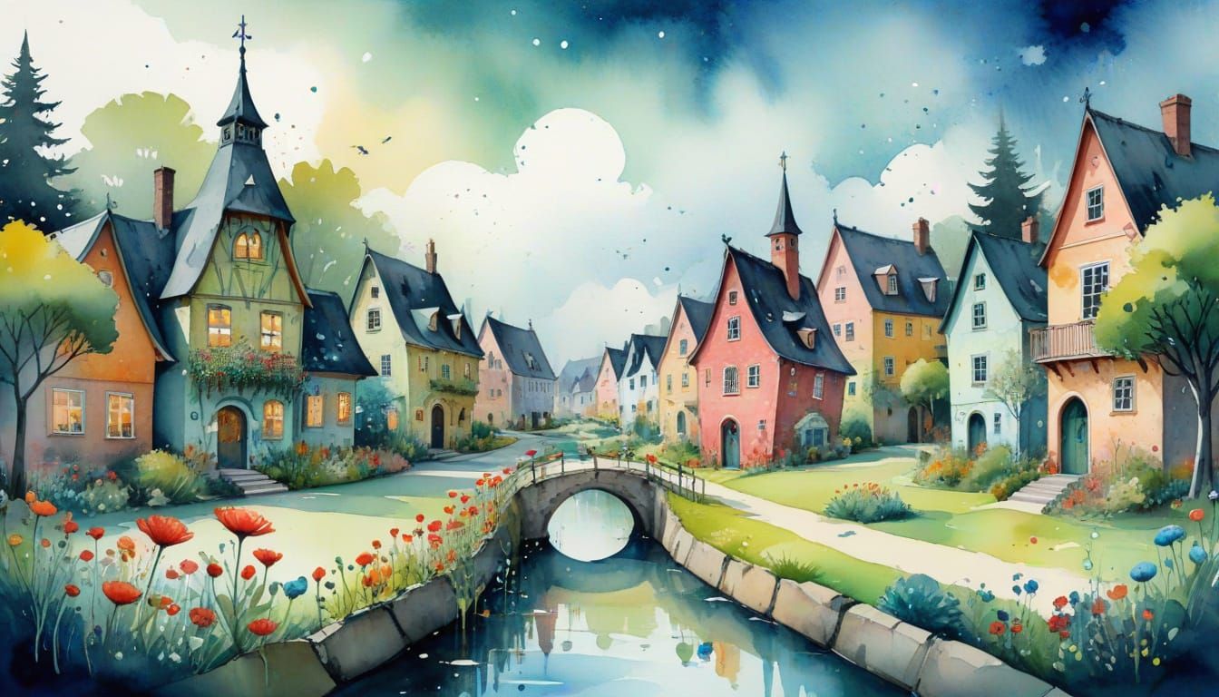 Enchanted Garden Village in Whimsical Watercolour
