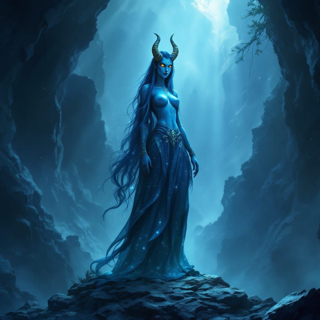 Ethereal Blue Draenei Goddess in Mysterious Deadmines Realm