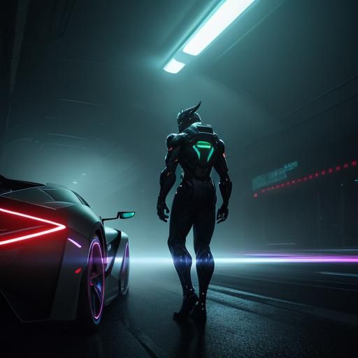 Neon Supercar in a Futuristic Cityscape