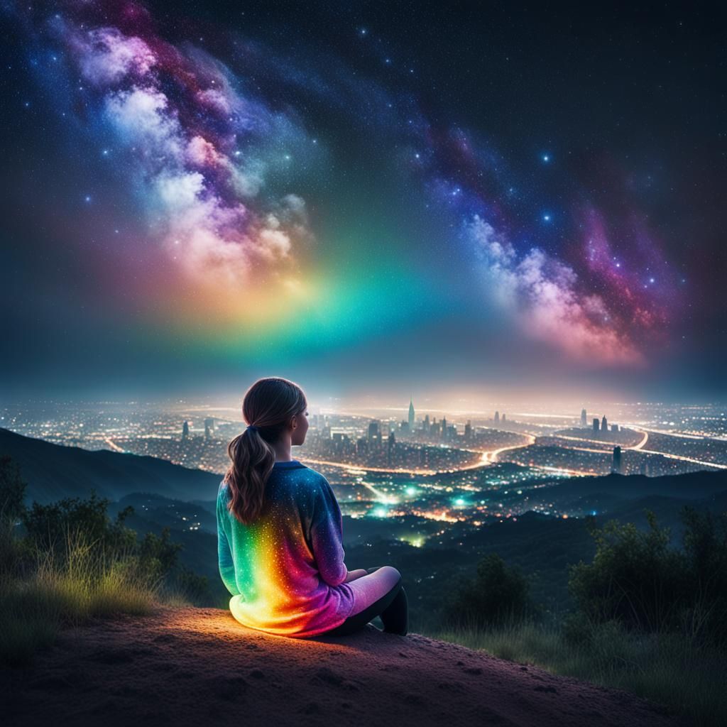 Stardust Woman Overlooking Futuristic City at Night