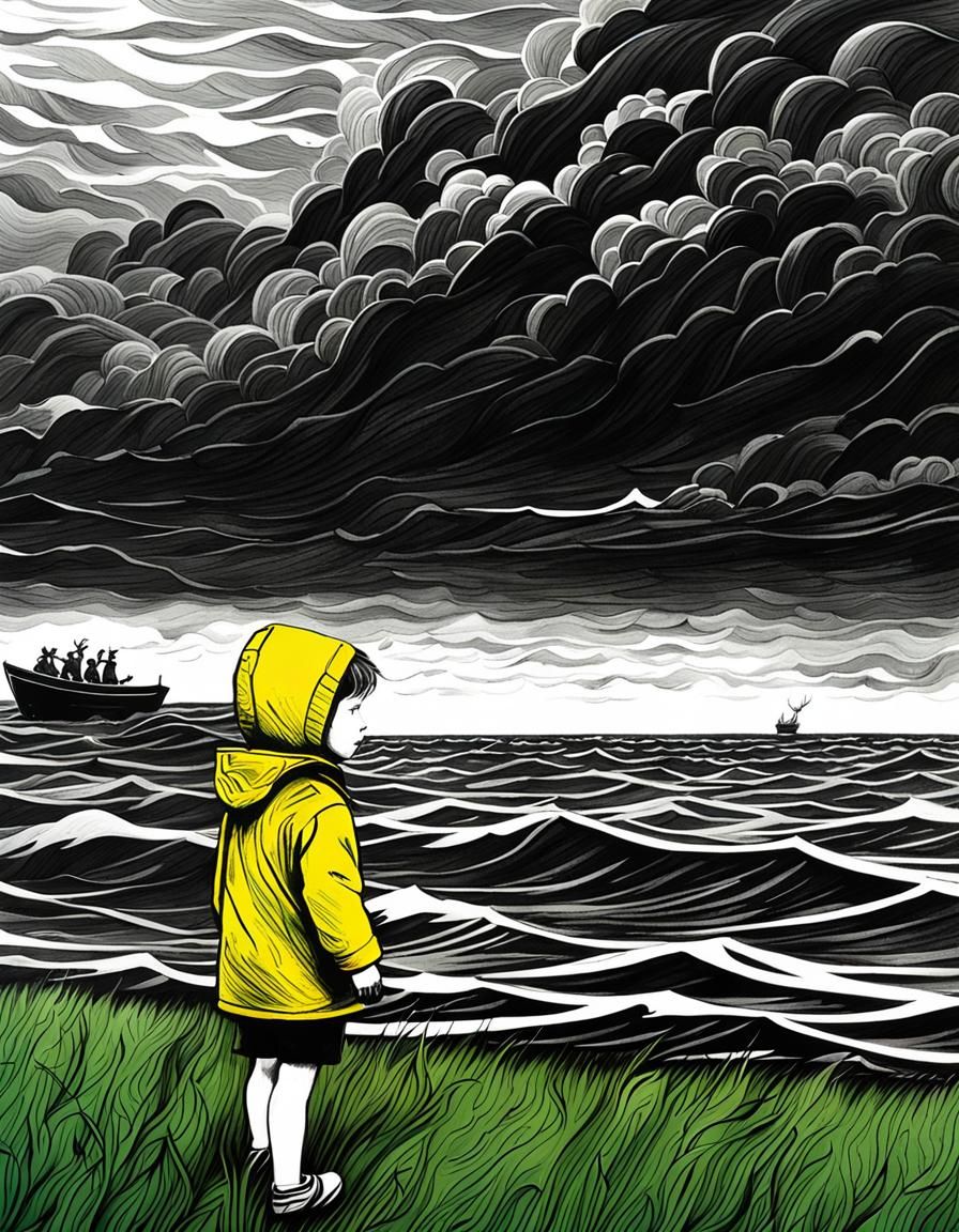 Moody Charcoal Drawing: Child, Stormy Sea, Reindeer