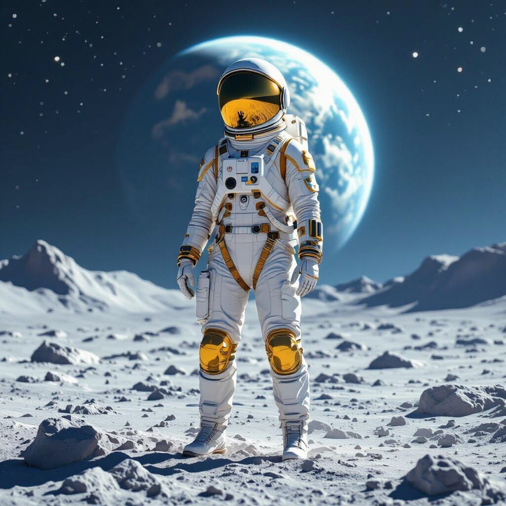 Female Astronaut on Moon with Earthrise, Cinematic Digital A...
