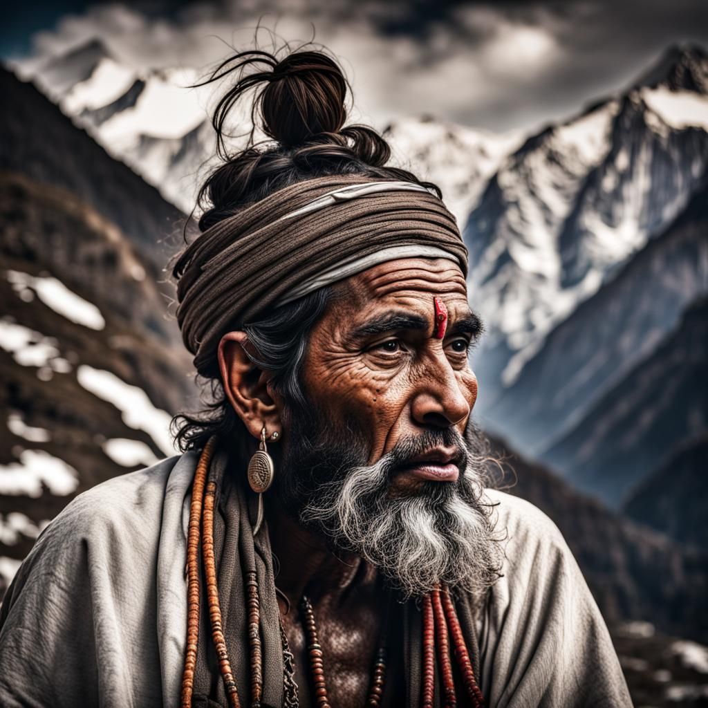 Hyperrealistic Saddhu in the Himalayas