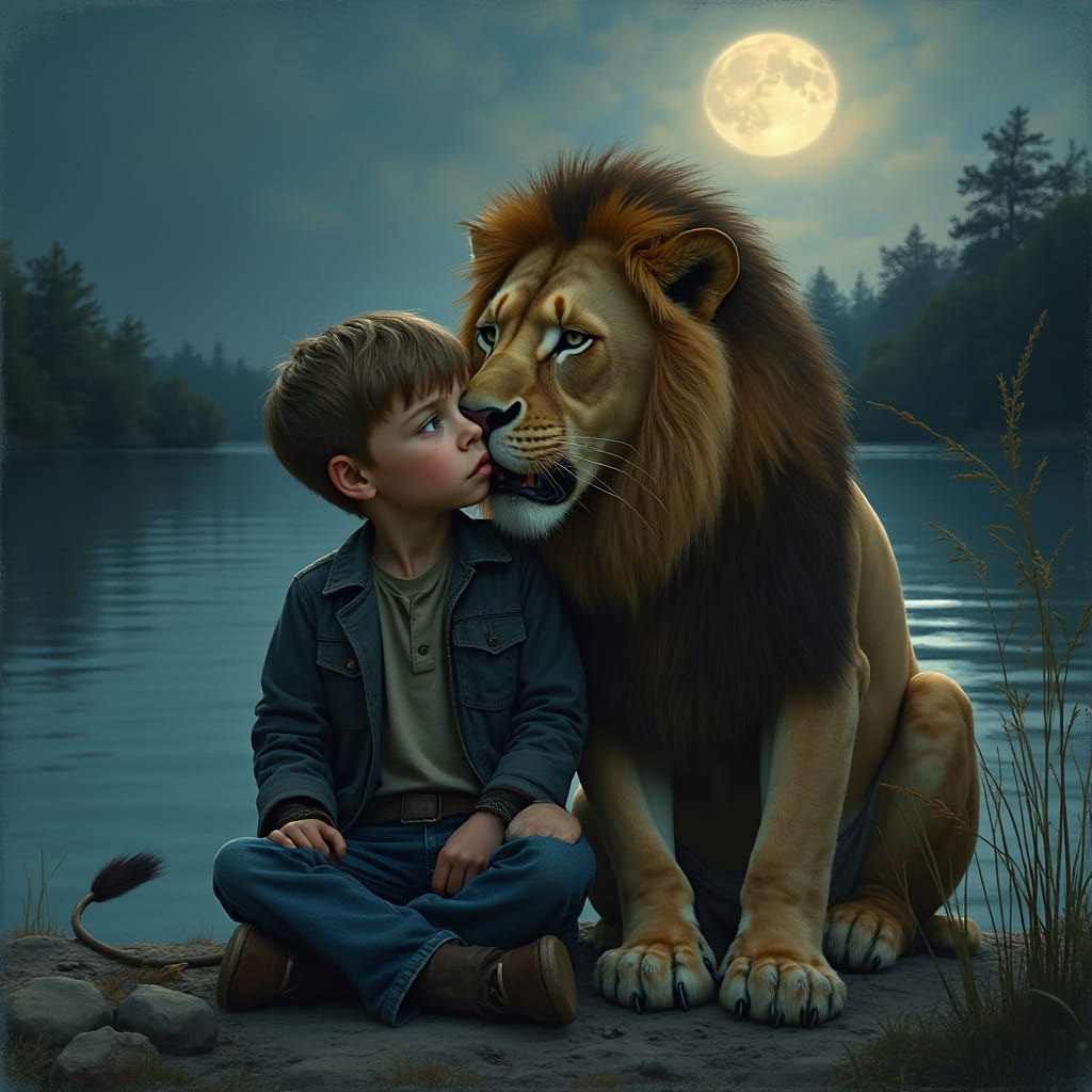Boy and Lion by Riverside in Moonlight