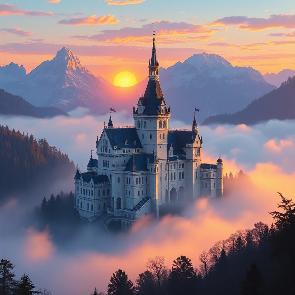 Neuschwanstein Castle in Fog at Sunrise