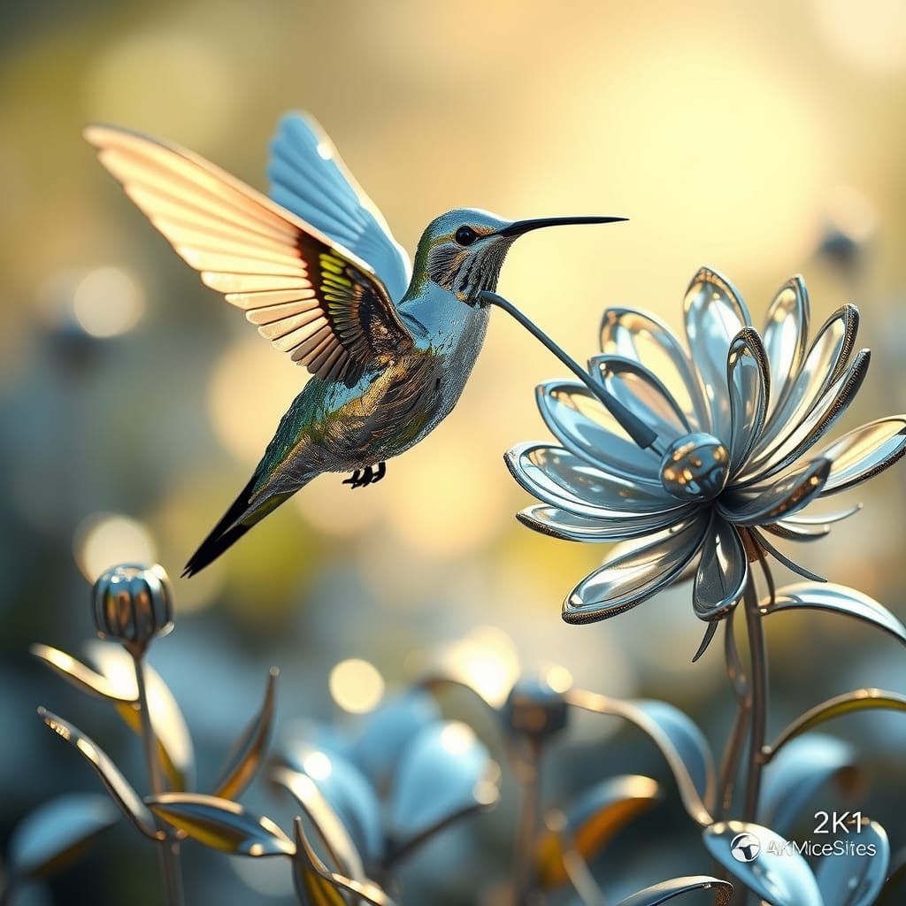 Surreal Chrome Landscape with Hummingbird and Metallic Flowe...