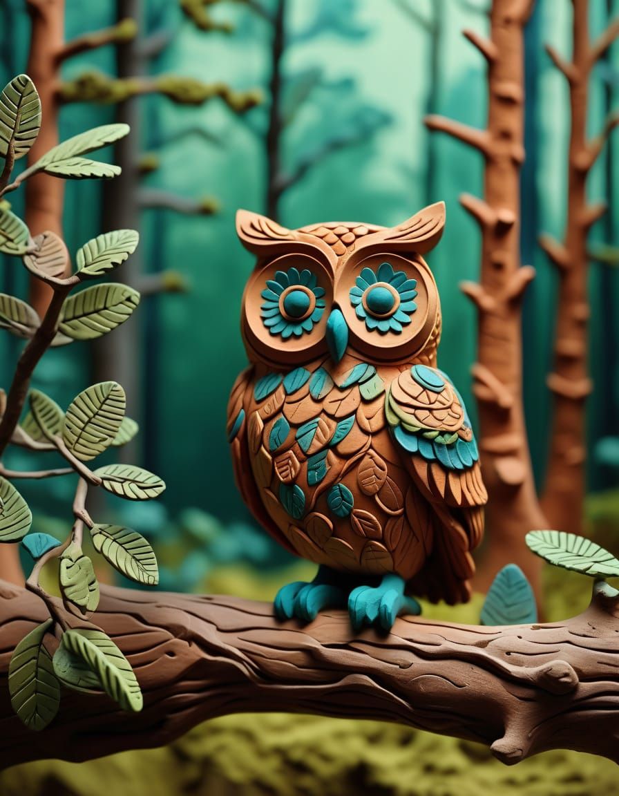 Detailed Plasticine Owl Sculpture in Terracotta Style