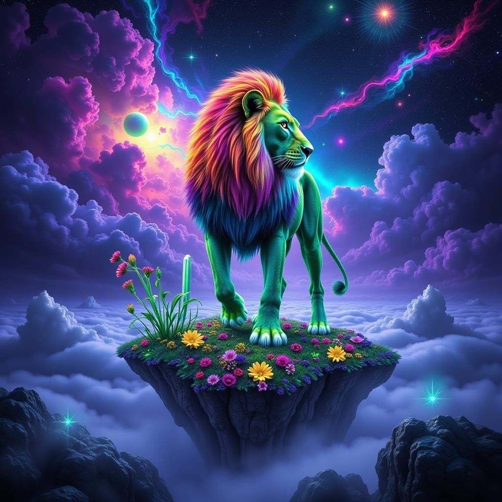 Iridescent Lion on Floating Island in Synthwave Style