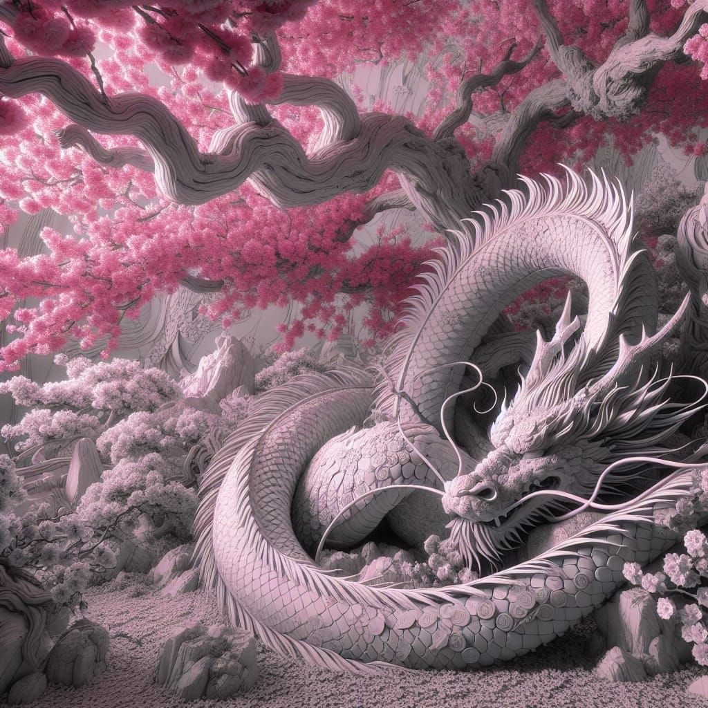 Japanese dragon sleeping in a cherry blossom tree (pink and ...