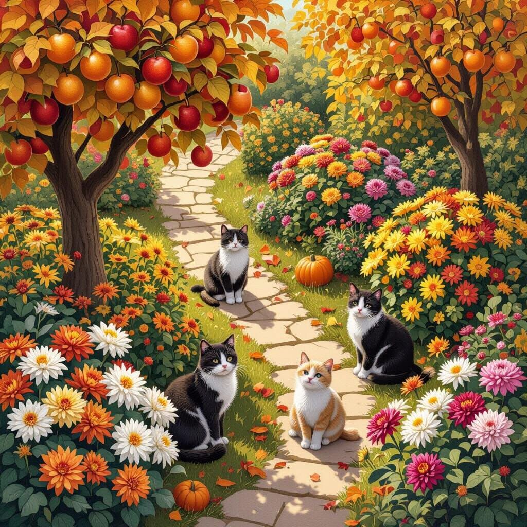 Top View of Autumn Garden with Cats