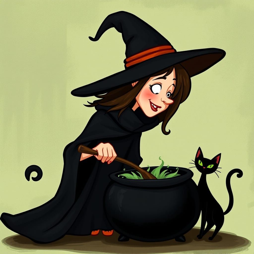 Cartoon Witch Stirring Cauldron with Black Cat