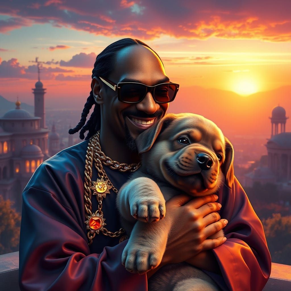 Snoop Dogg in a Vibrant Cityscape with a Majestic Puppy