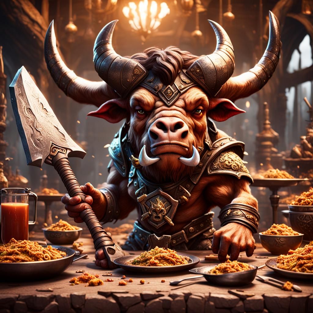 Baby Minotaur with Axe: Detailed Matte Painting