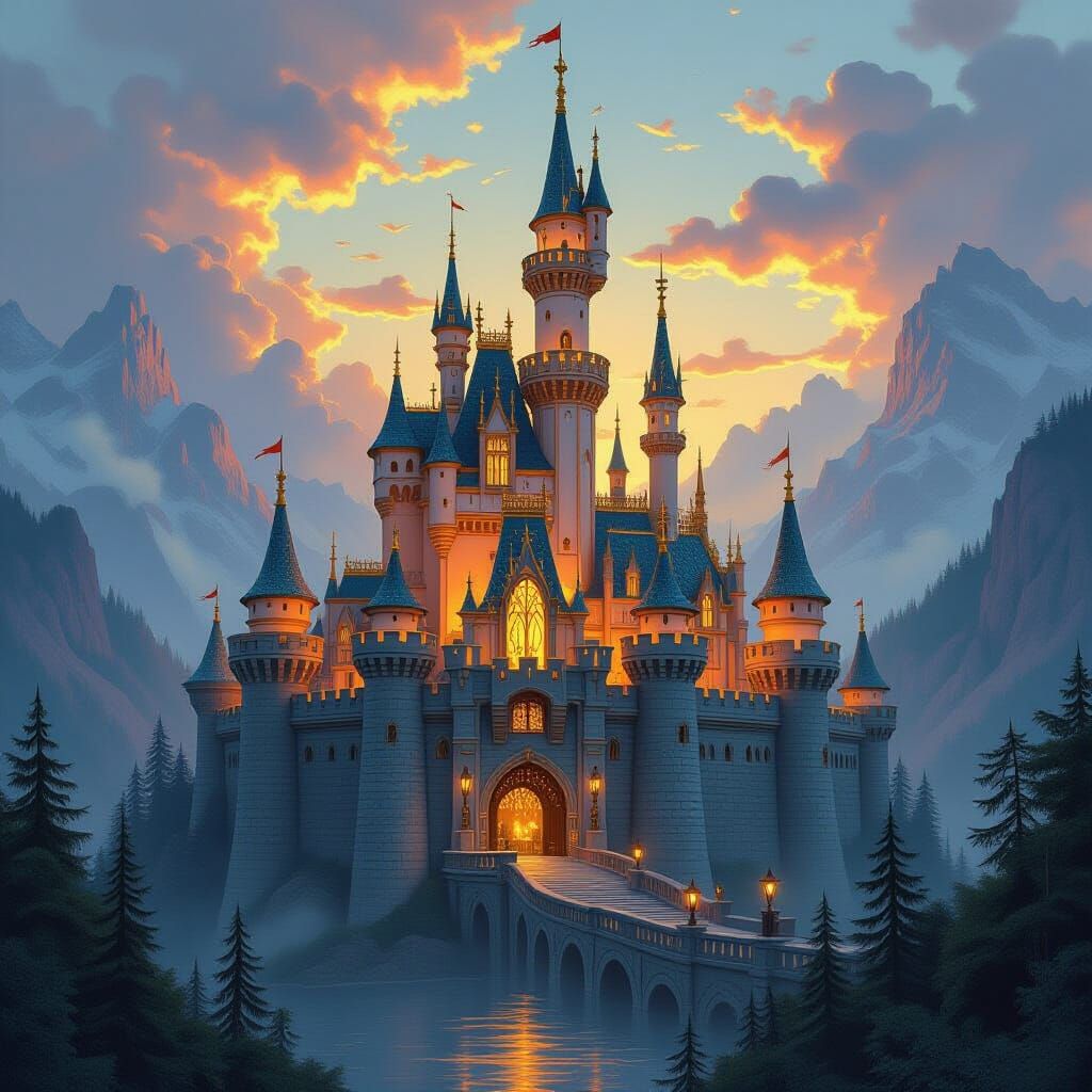 Majestic Castle Rising from Ancient Book, Fantasy Illustrati...