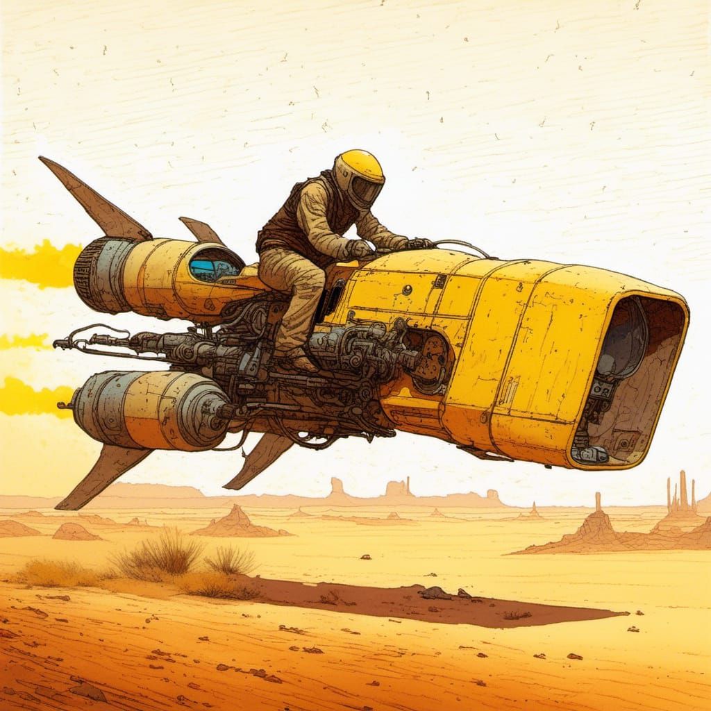 Moebius Style Hoverbike Races Across Desert