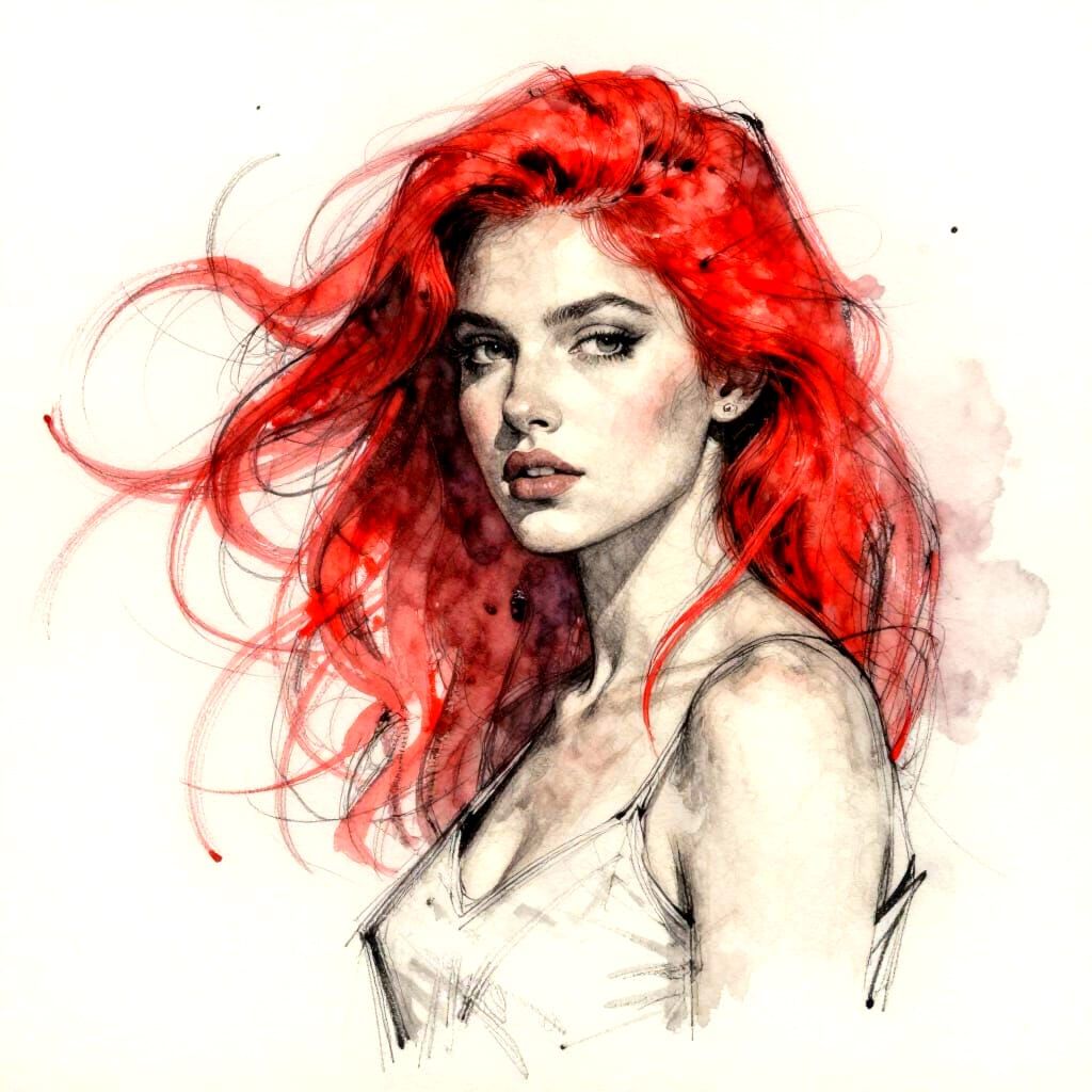 Expressive Watercolour Sketch of Woman with Chaotic Red Hair