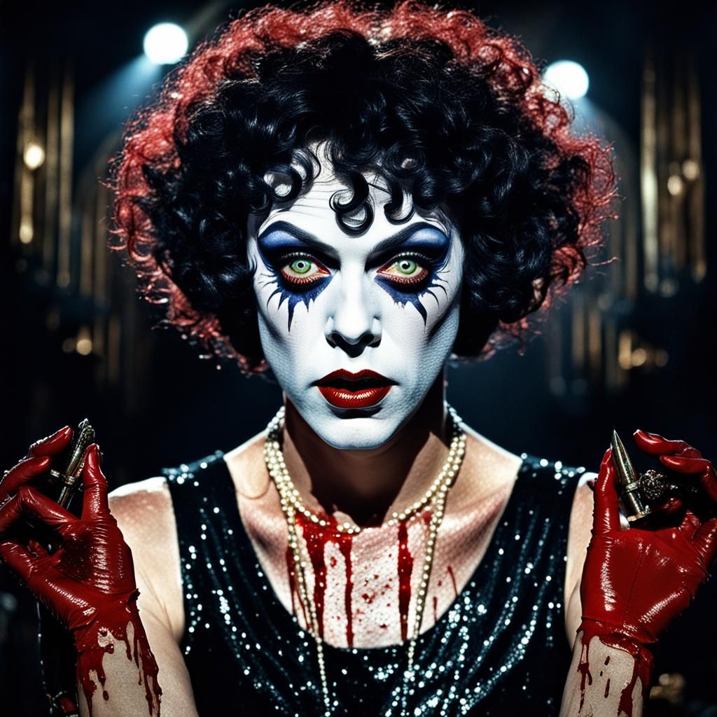 rocky horror picture show tim curry Dr Frank-N-Furter as a 1920s flapper with bloody hands