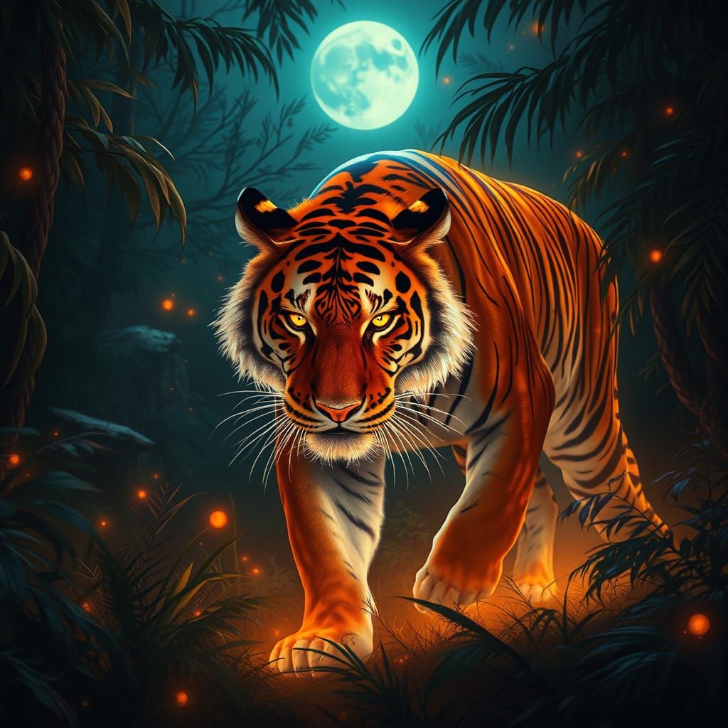 Bioluminescent Tiger in Moonlit Jungle