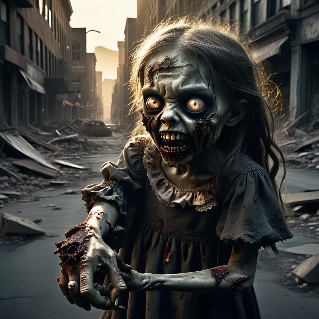 Dark Fantasy Apocalypse: Zombie Holds Child's Hand in Ruined...