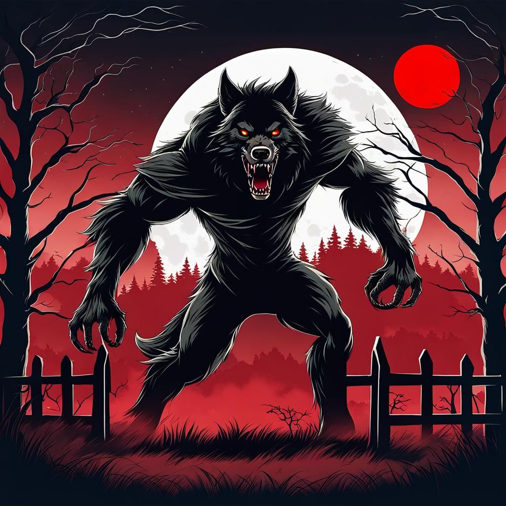 Werewolf Lunging in Graveyard Under Red Moon