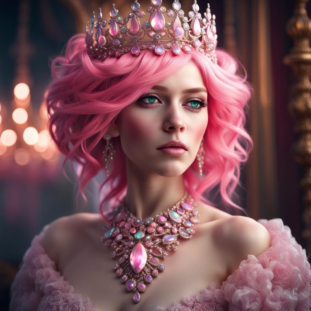 Hyperrealistic Pink-Haired Girl with Opal Crown