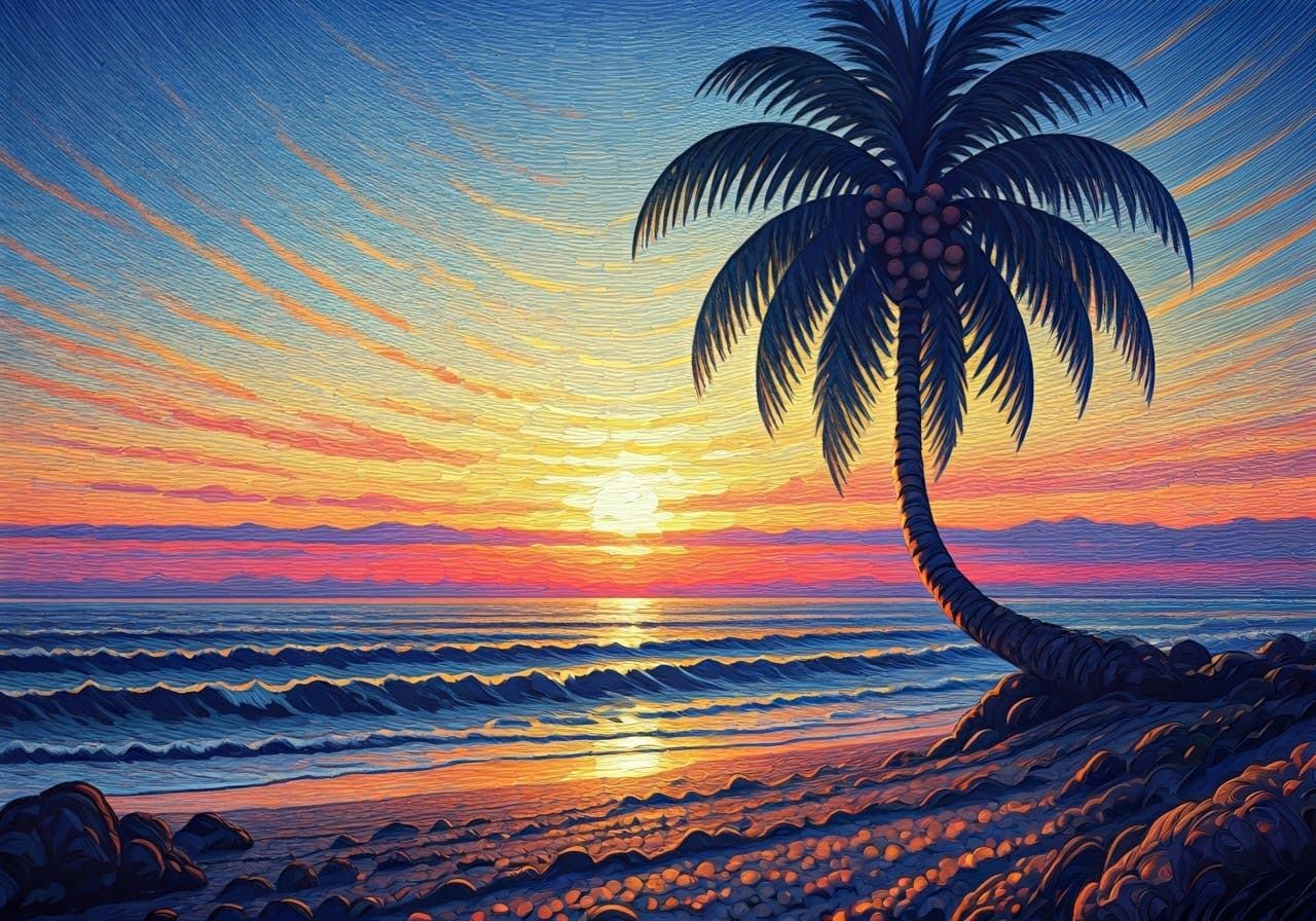 Pointillist Palm Tree Sunset in Style of Henri-Edmond Cross