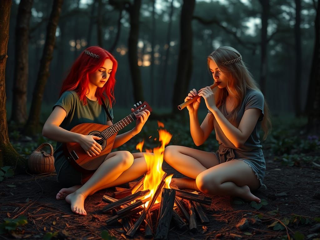 Campfire Musicians in Mystical Forest, Matte Painting