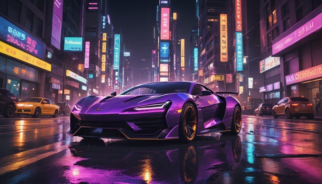 Futuristic Neon Sports Car in a Cyberpunk Cityscape