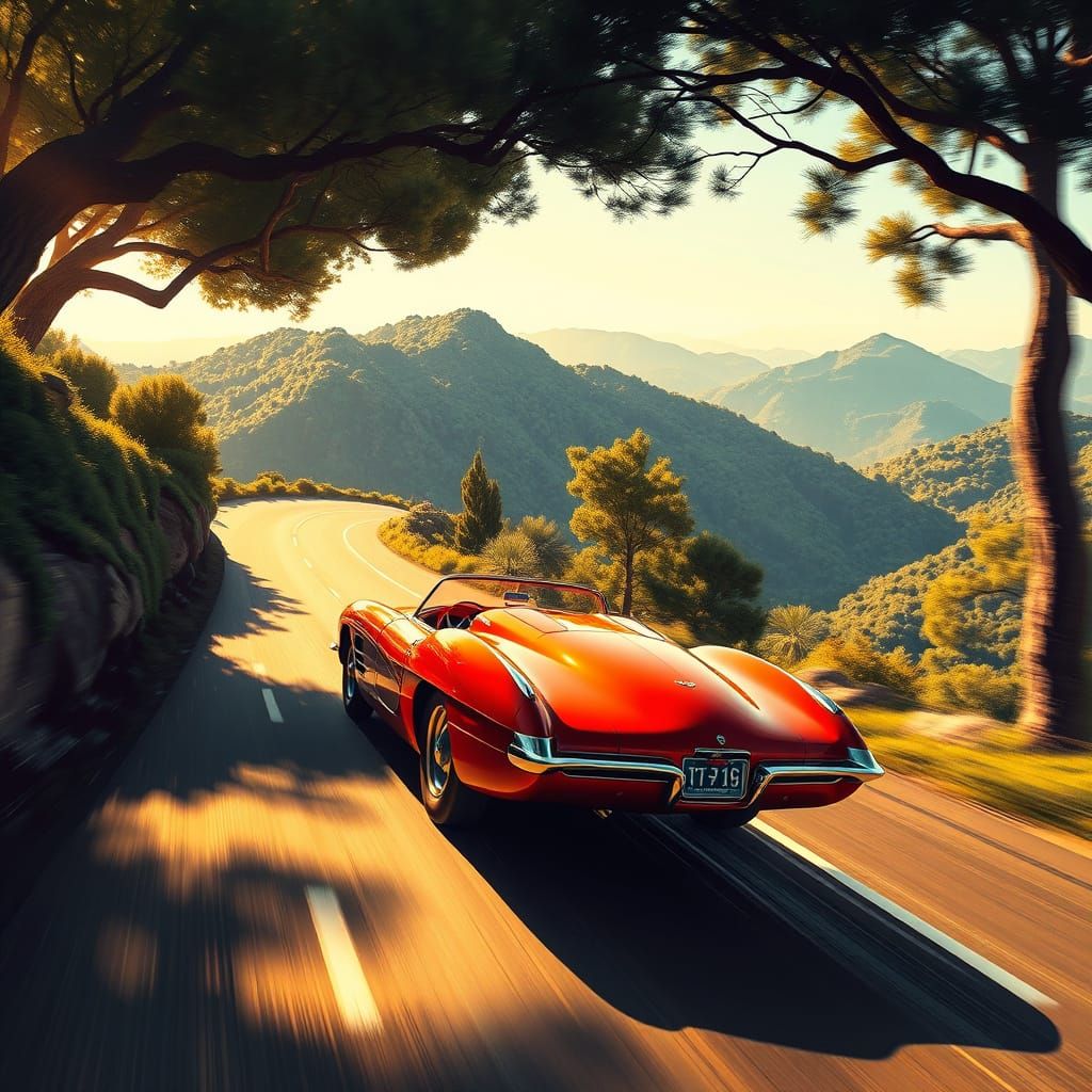 Vintage Sports Car Speeds Down Winding Mountain Road in Futu...