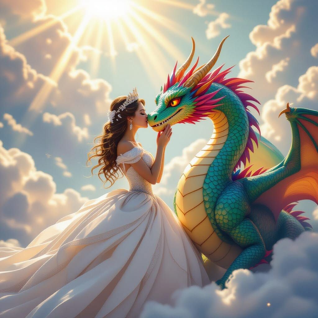 Princess Kissing Dragon in Whimsical, Dreamy Style
