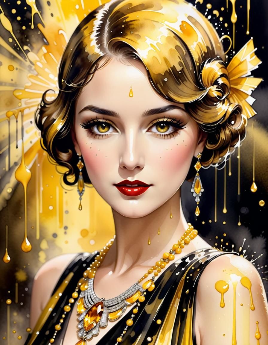 Art Deco Socialite in Watercolour with Amber Jewellery